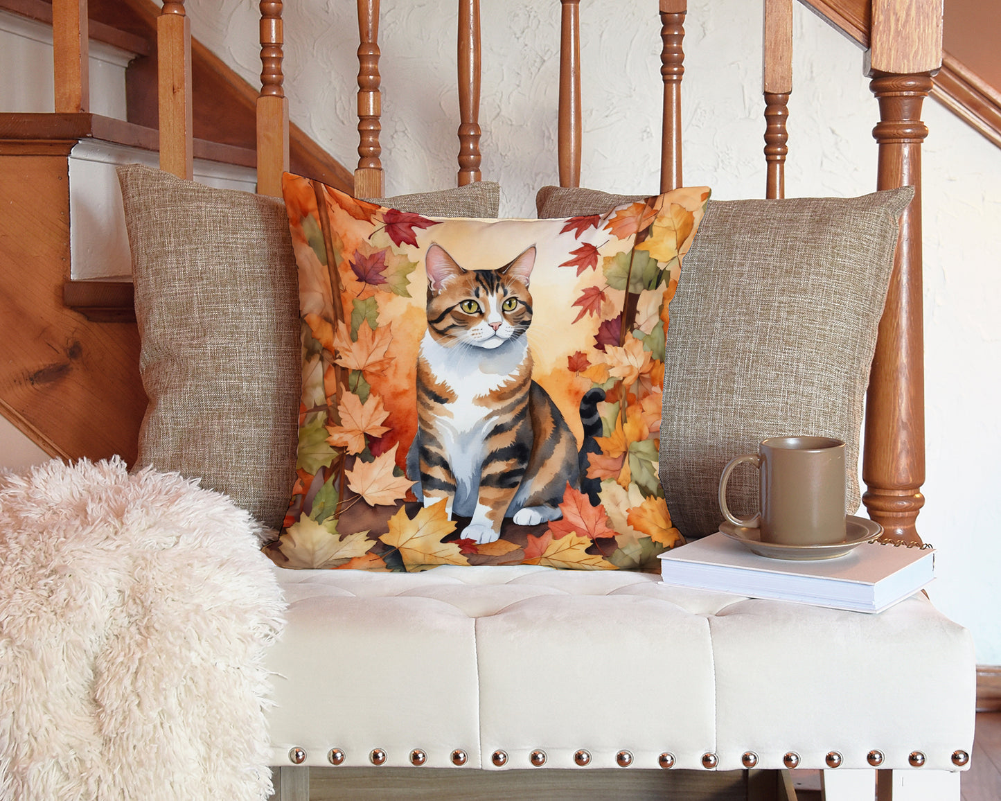 American Polydactyl Cat in Fall Leaves Throw Pillow