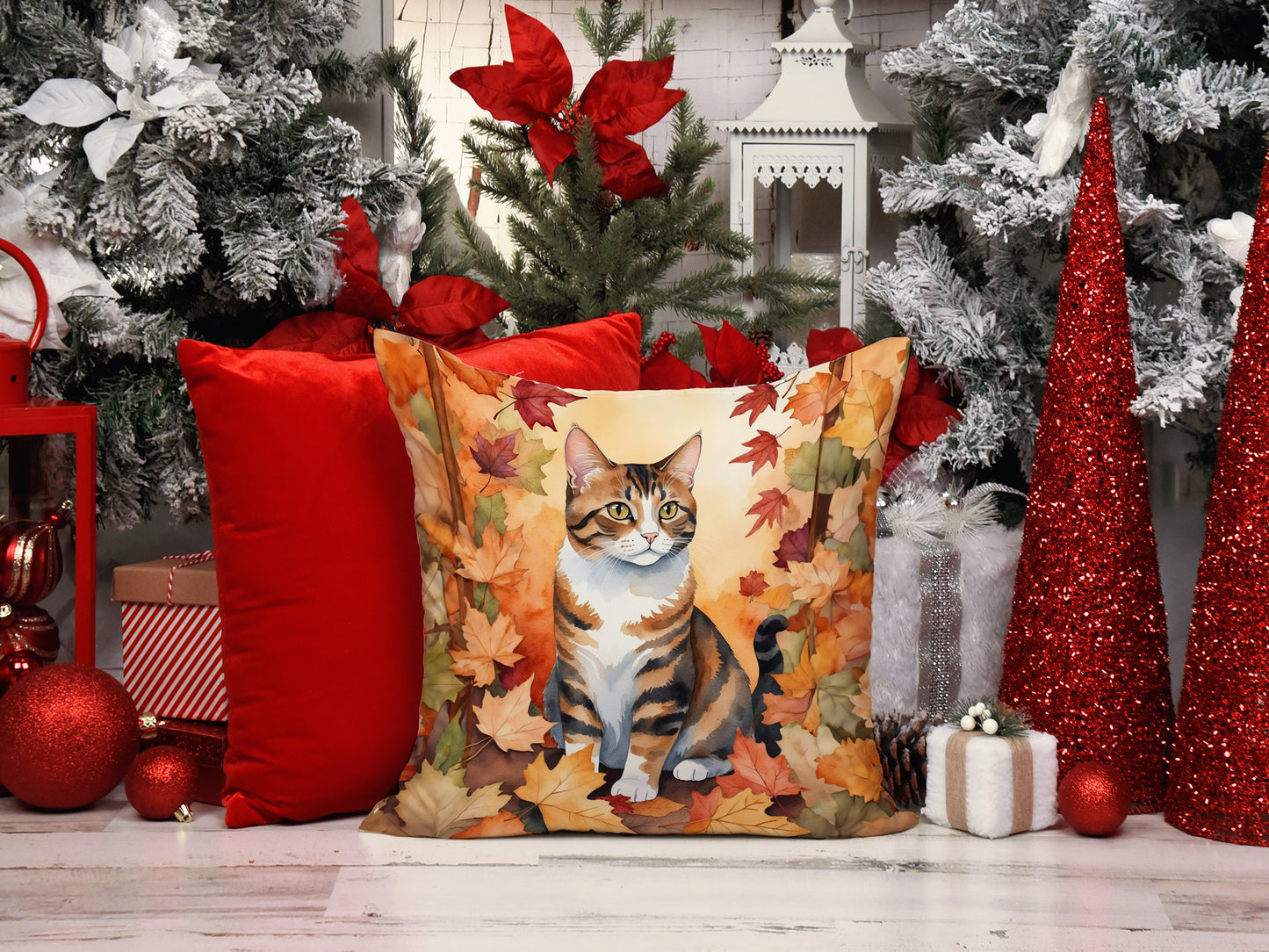 American Polydactyl Cat in Fall Leaves Throw Pillow