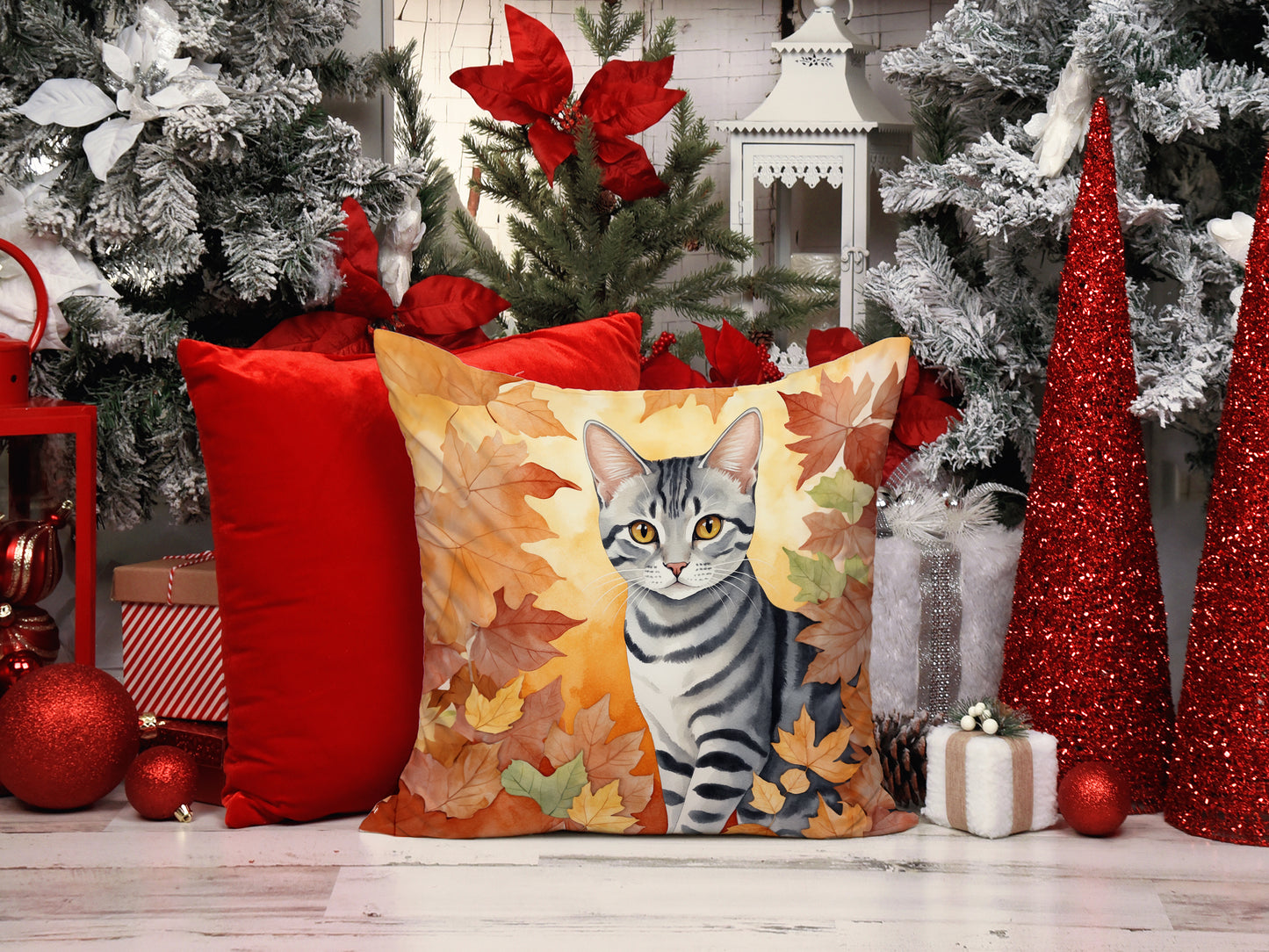 American Shorthair Cat in Fall Leaves Throw Pillow