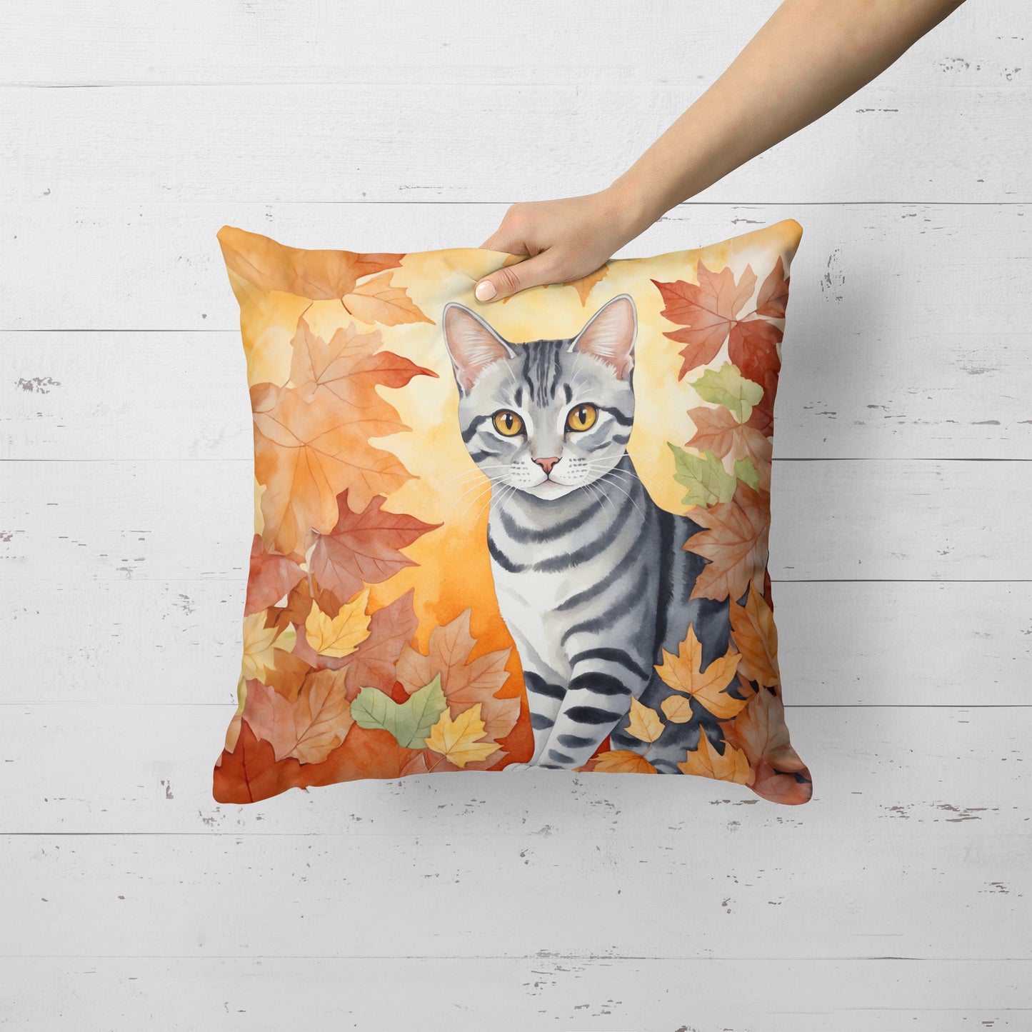 American Shorthair Cat in Fall Leaves Throw Pillow