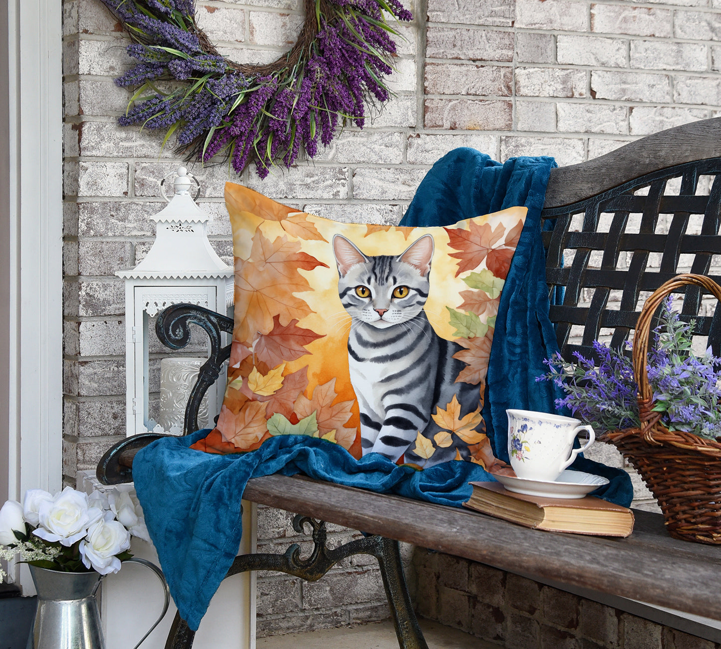 American Shorthair Cat in Fall Leaves Throw Pillow