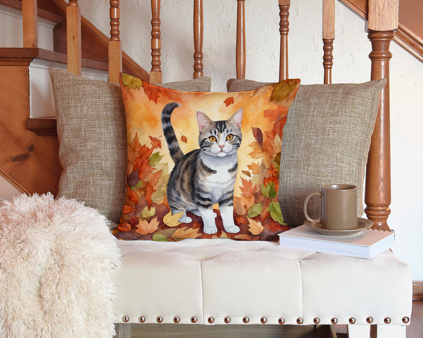 American Wirehair Cat in Fall Leaves Throw Pillow