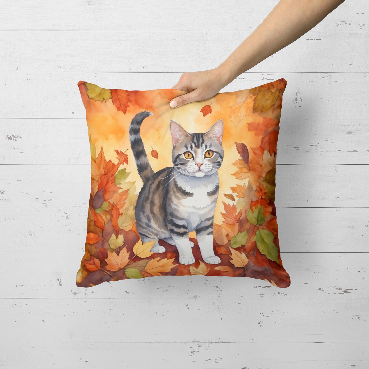 American Wirehair Cat in Fall Leaves Throw Pillow