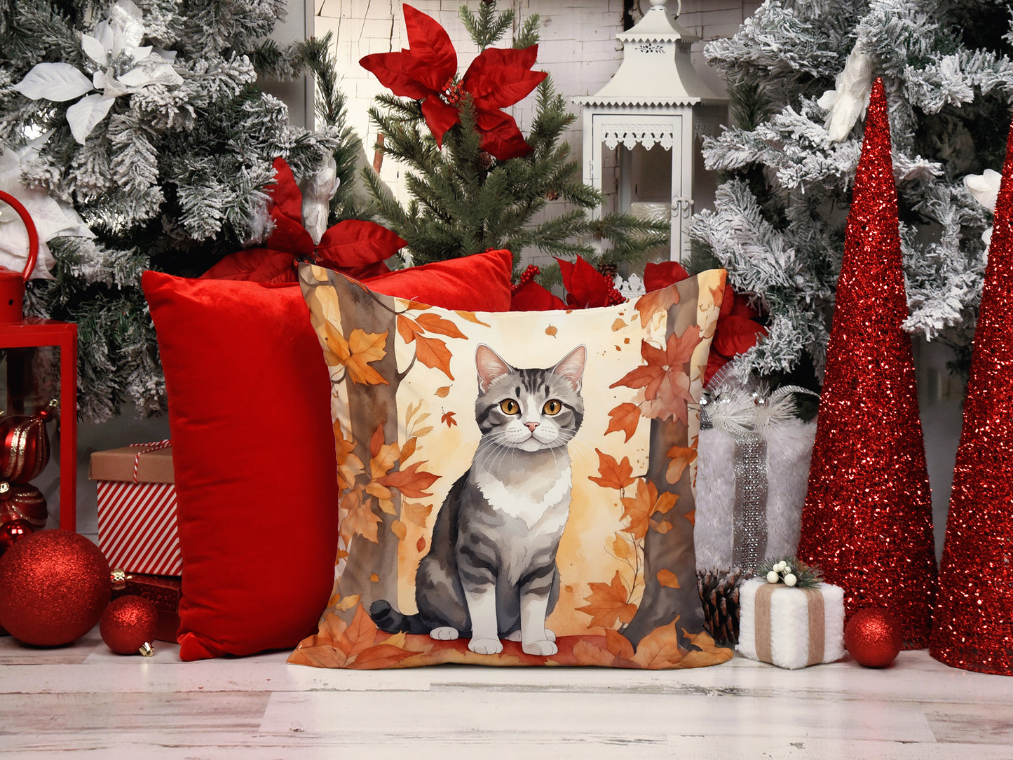 American Wirehair Cat in Fall Leaves Throw Pillow