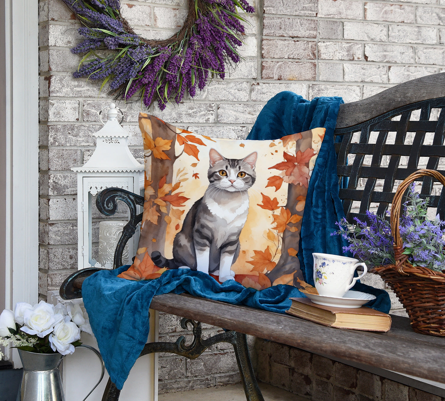 American Wirehair Cat in Fall Leaves Throw Pillow