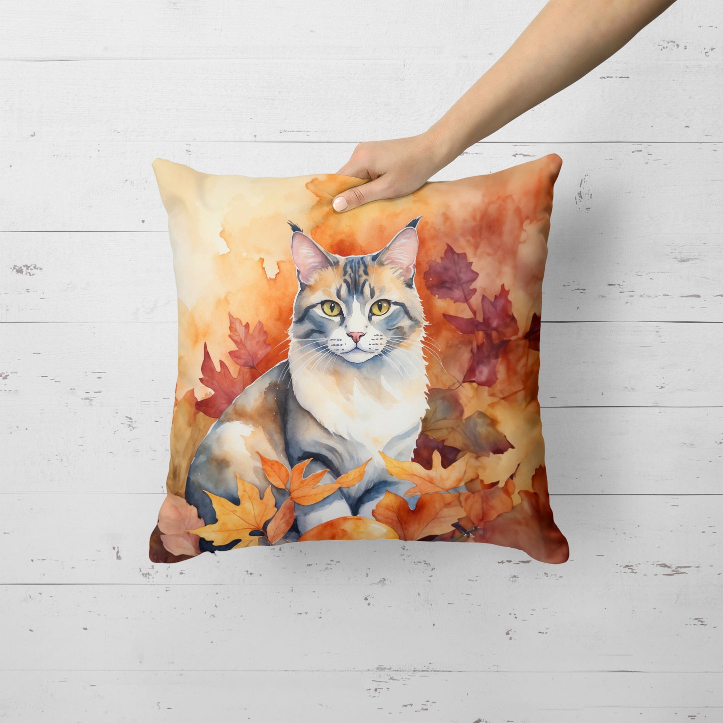 Aphrodite Giant Cat in Fall Leaves Throw Pillow