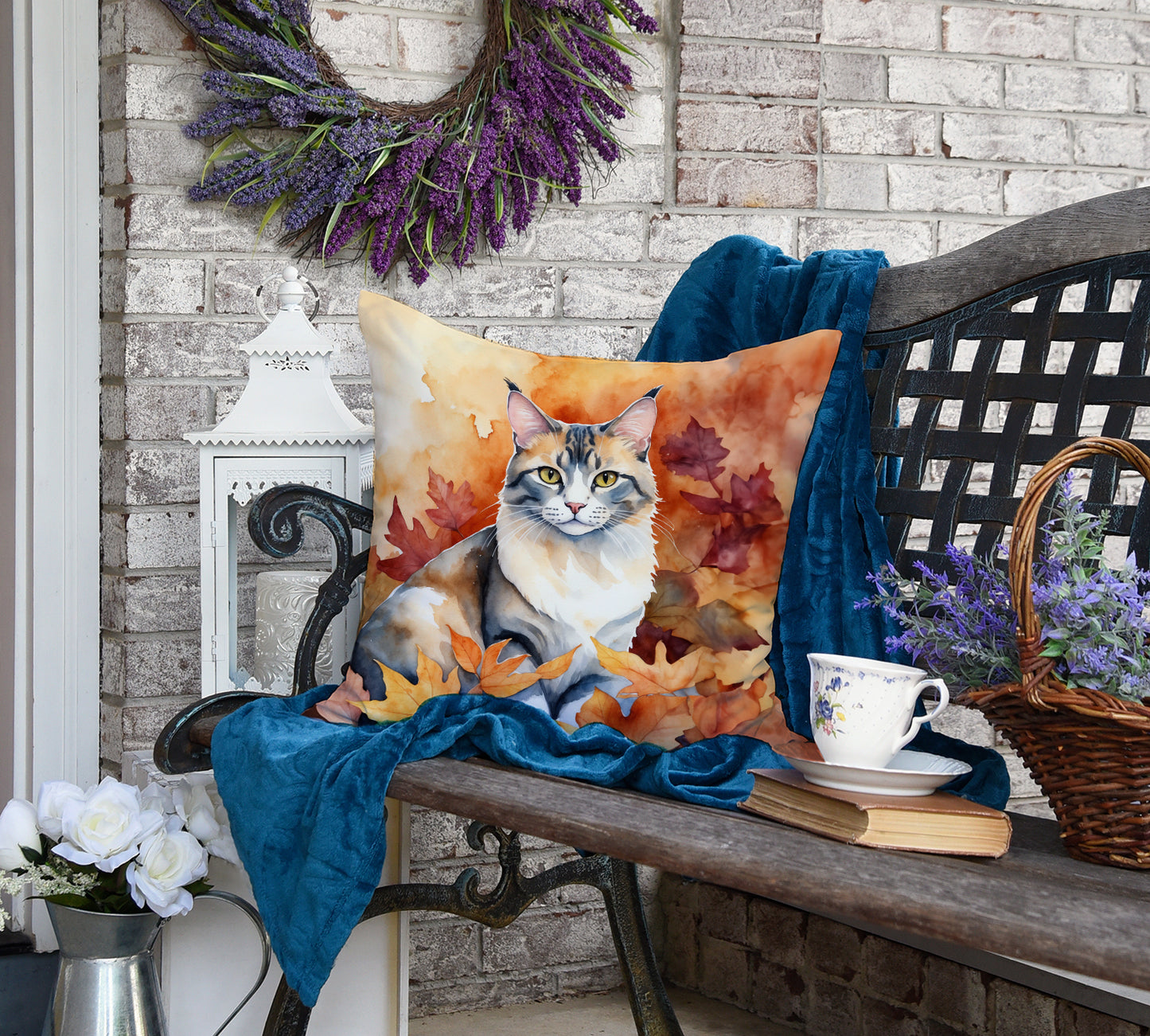 Aphrodite Giant Cat in Fall Leaves Throw Pillow