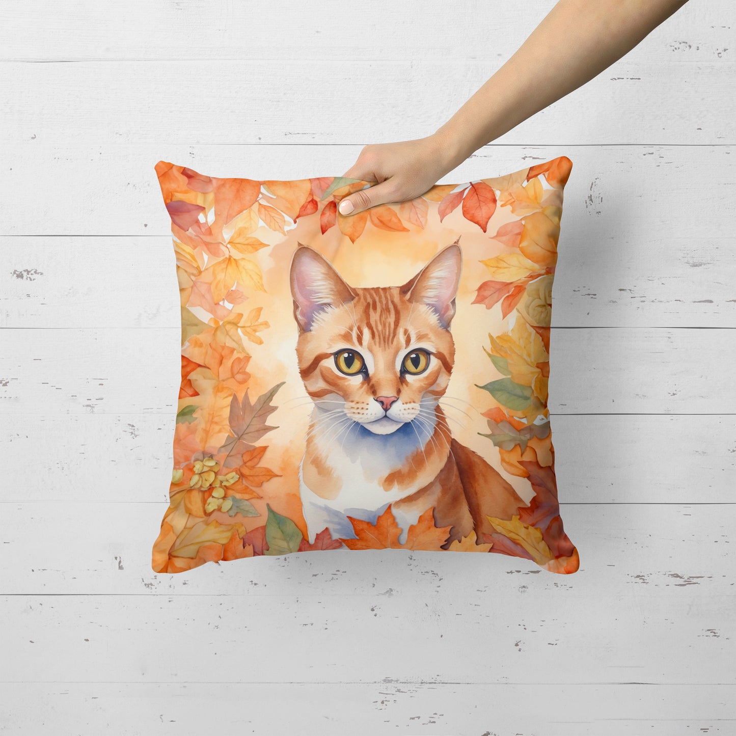 Arabian Mau Cat in Fall Leaves Throw Pillow