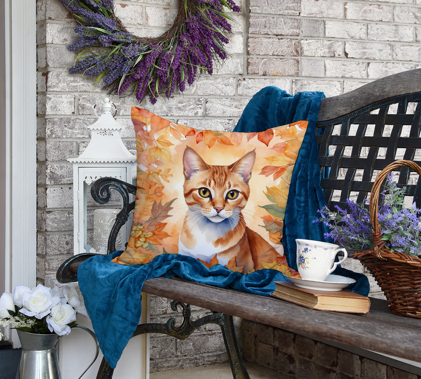 Arabian Mau Cat in Fall Leaves Throw Pillow