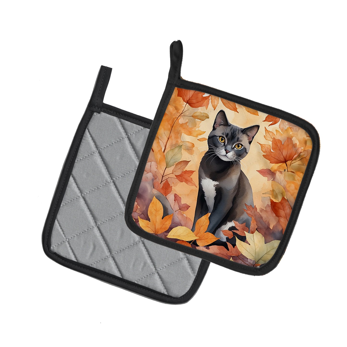 Asian Cat in Fall Leaves Pair of Pot Holders