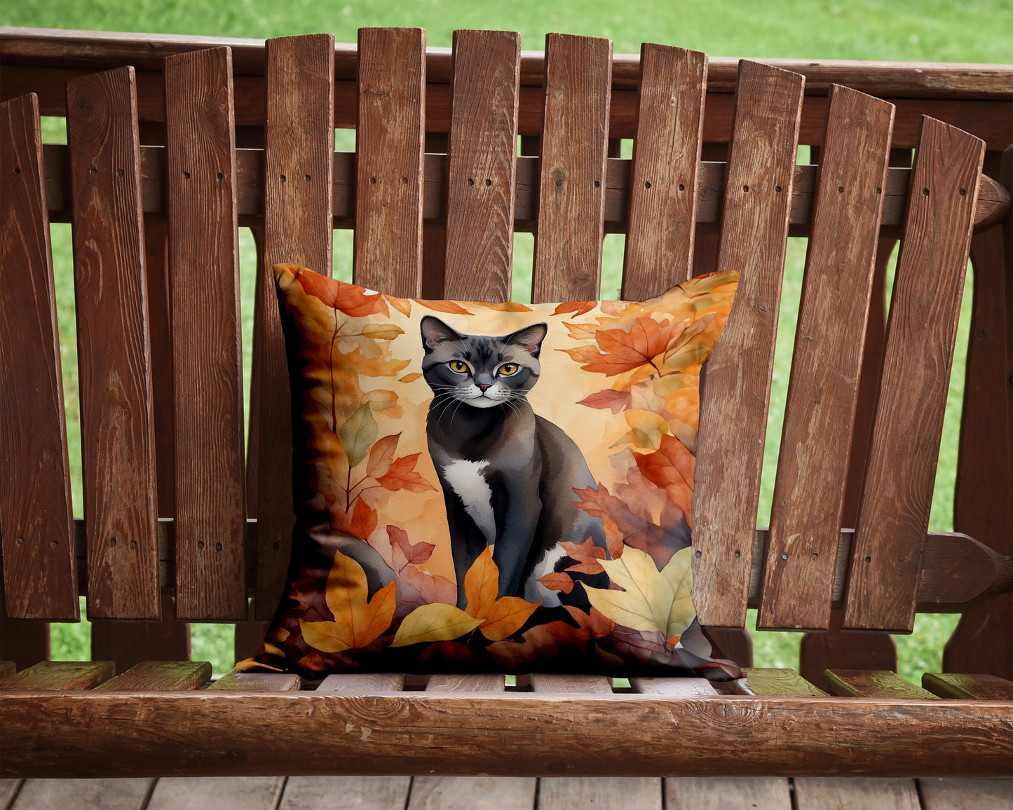 Asian Cat in Fall Leaves Throw Pillow