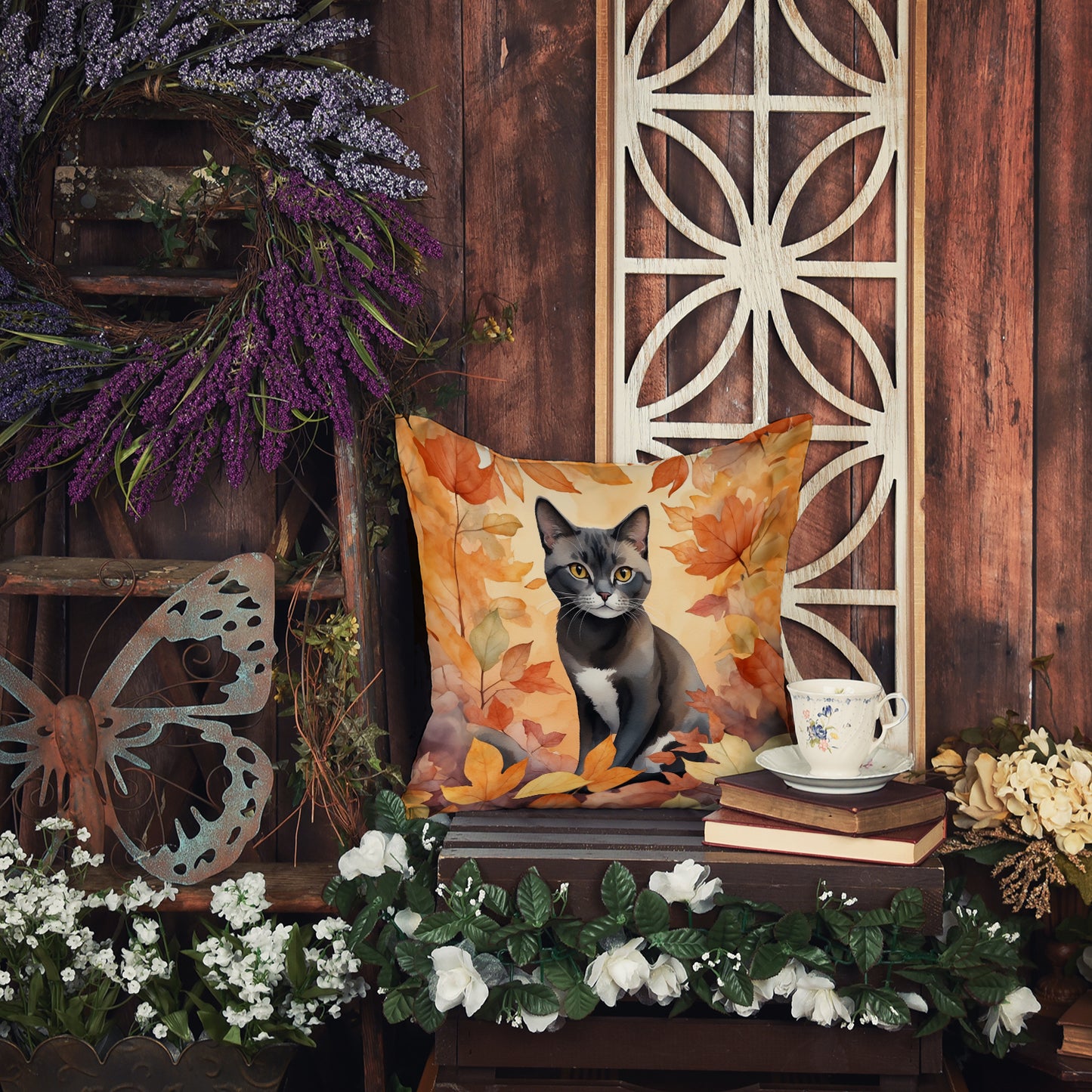 Asian Cat in Fall Leaves Throw Pillow