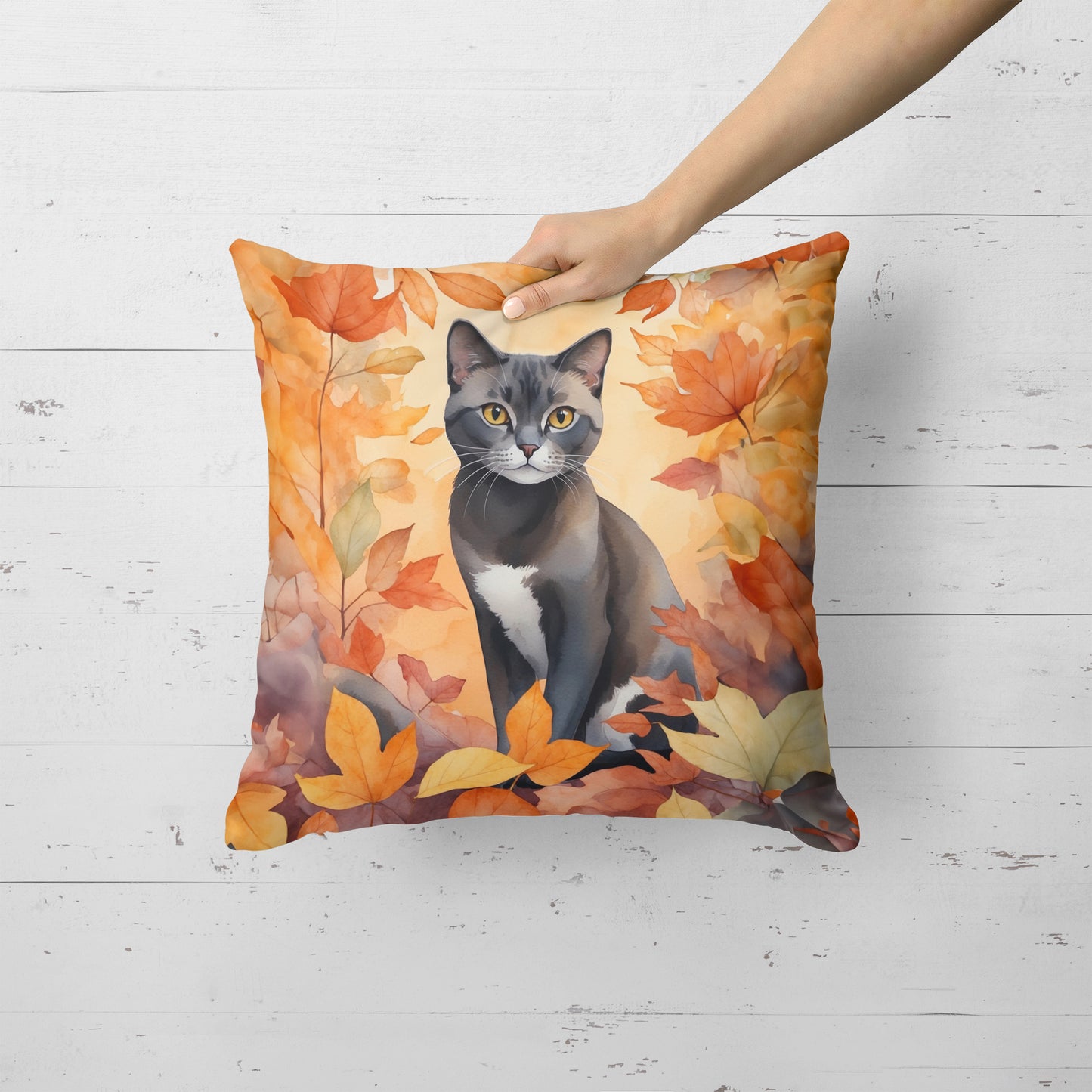 Asian Cat in Fall Leaves Throw Pillow