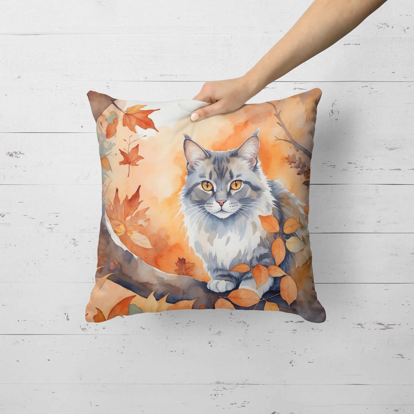 Australian Mist Cat in Fall Leaves Throw Pillow