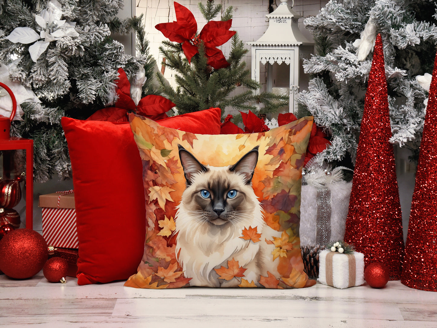 Balinese Cat in Fall Leaves Throw Pillow