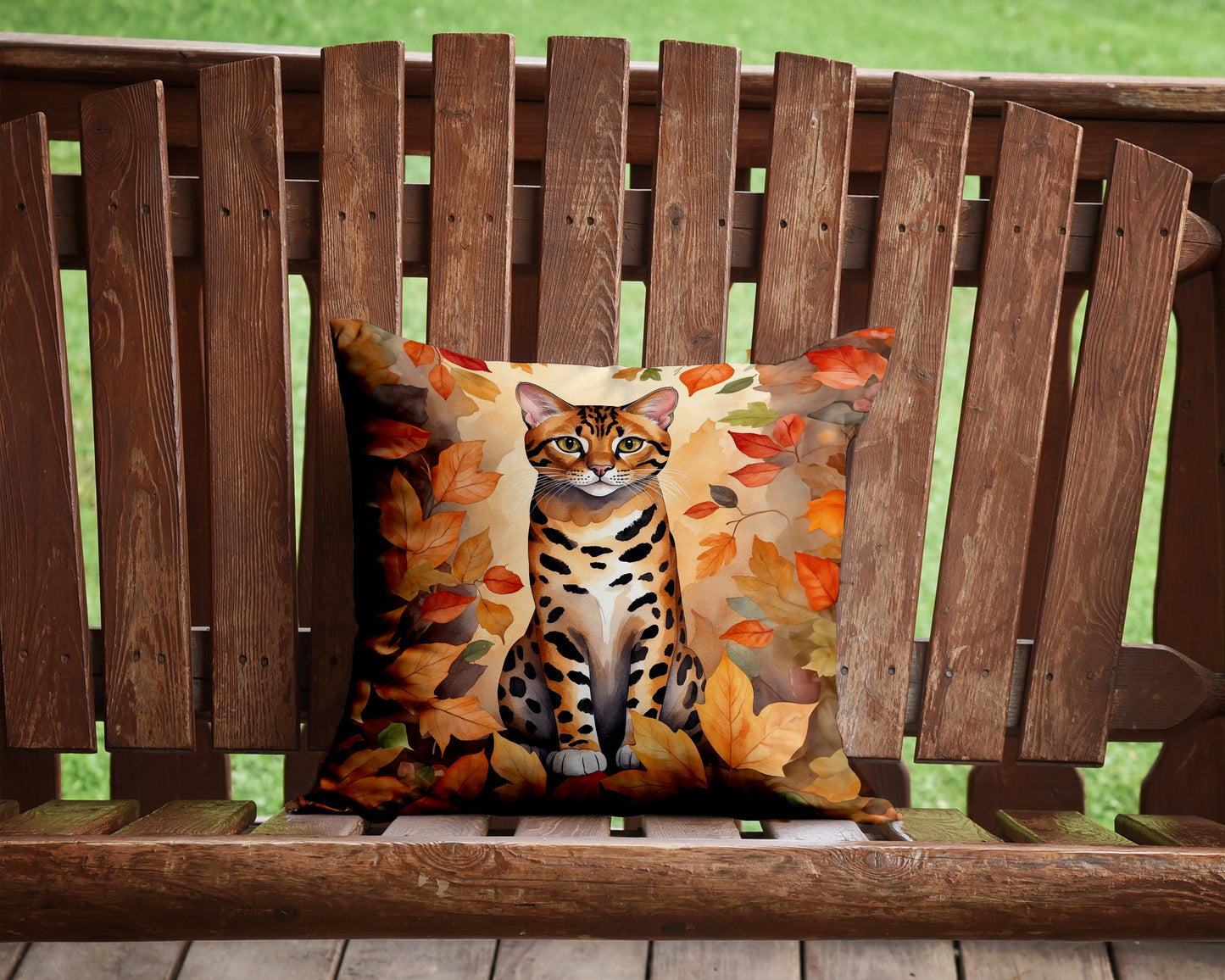 Bengal Cat in Fall Leaves Throw Pillow