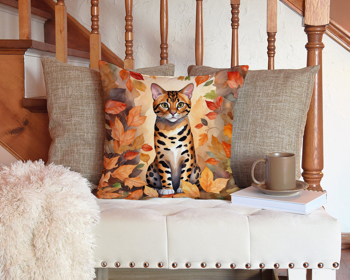 Bengal Cat in Fall Leaves Throw Pillow