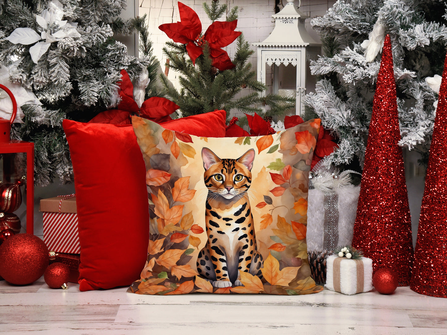 Bengal Cat in Fall Leaves Throw Pillow