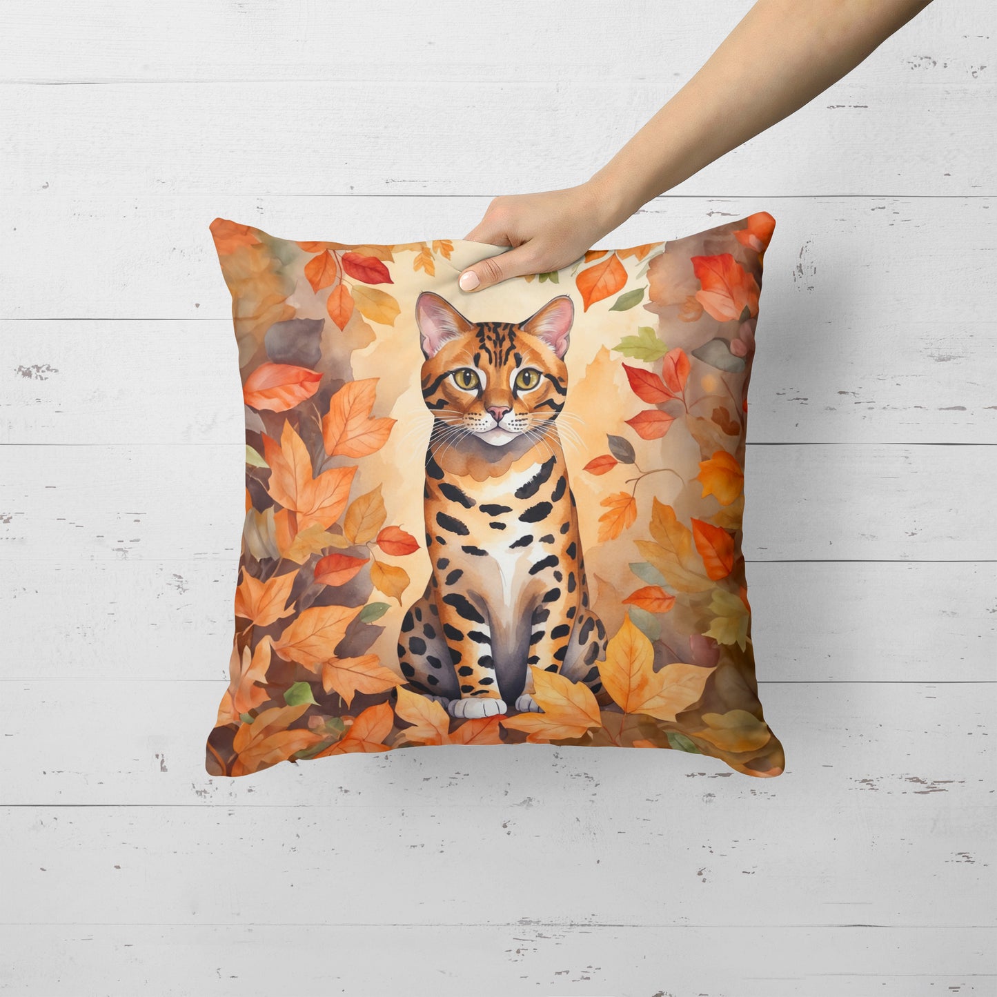 Bengal Cat in Fall Leaves Throw Pillow