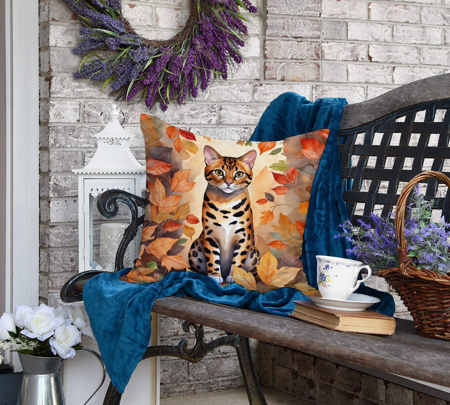 Bengal Cat in Fall Leaves Throw Pillow