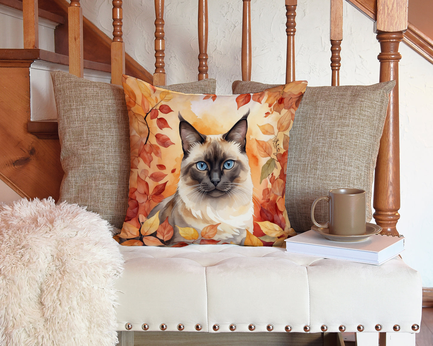 Birman Cat in Fall Leaves Throw Pillow