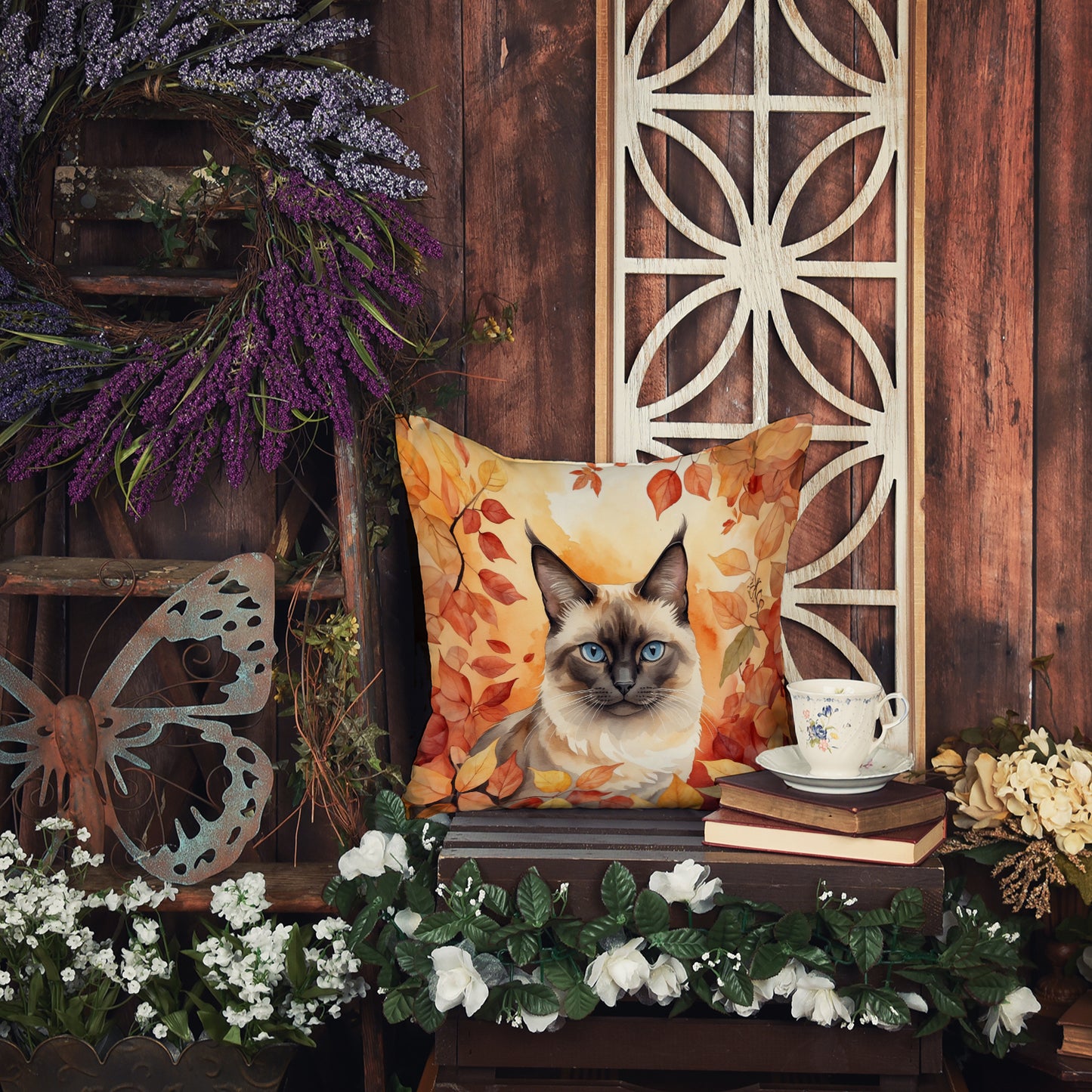 Birman Cat in Fall Leaves Throw Pillow