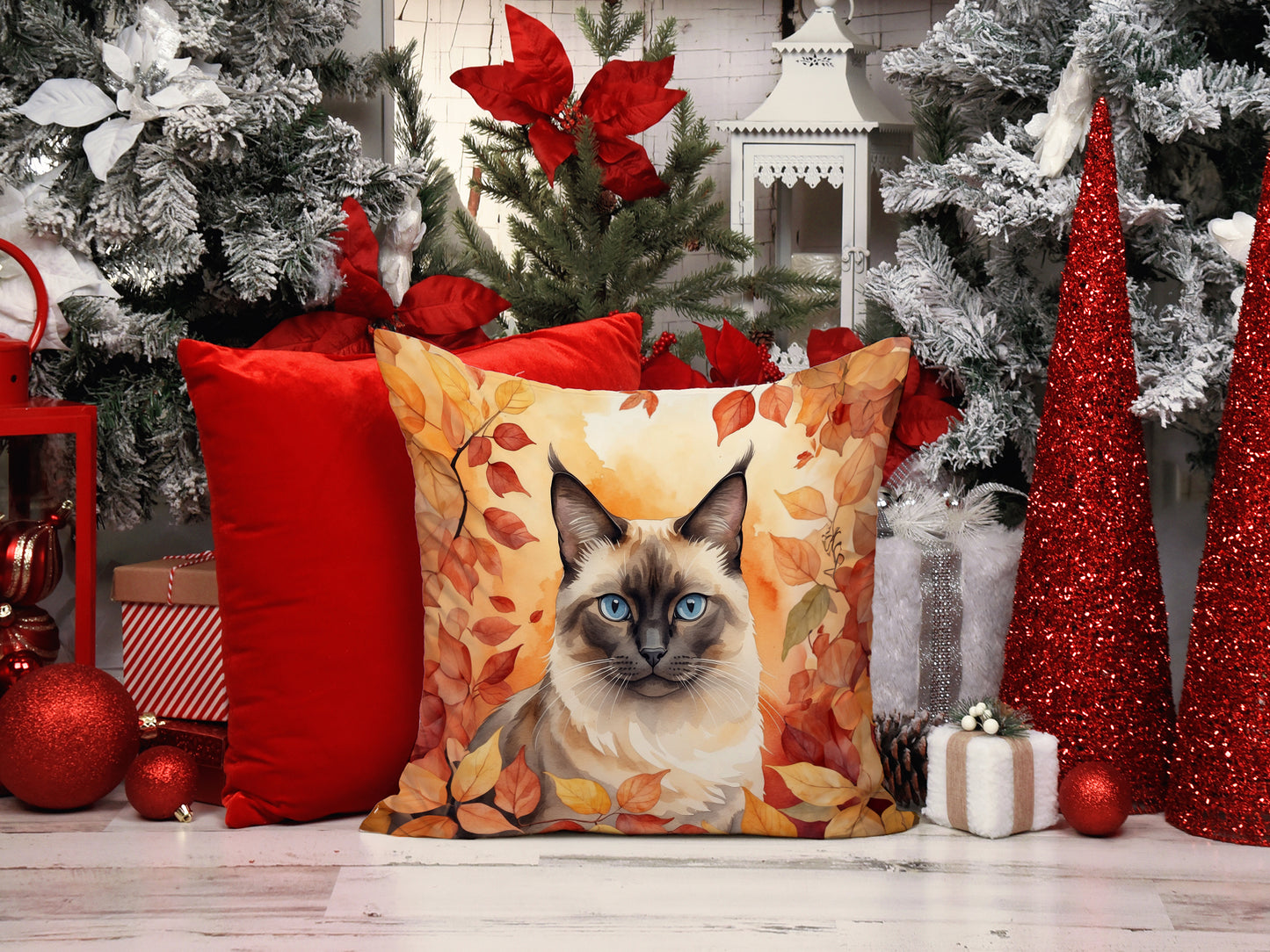 Birman Cat in Fall Leaves Throw Pillow