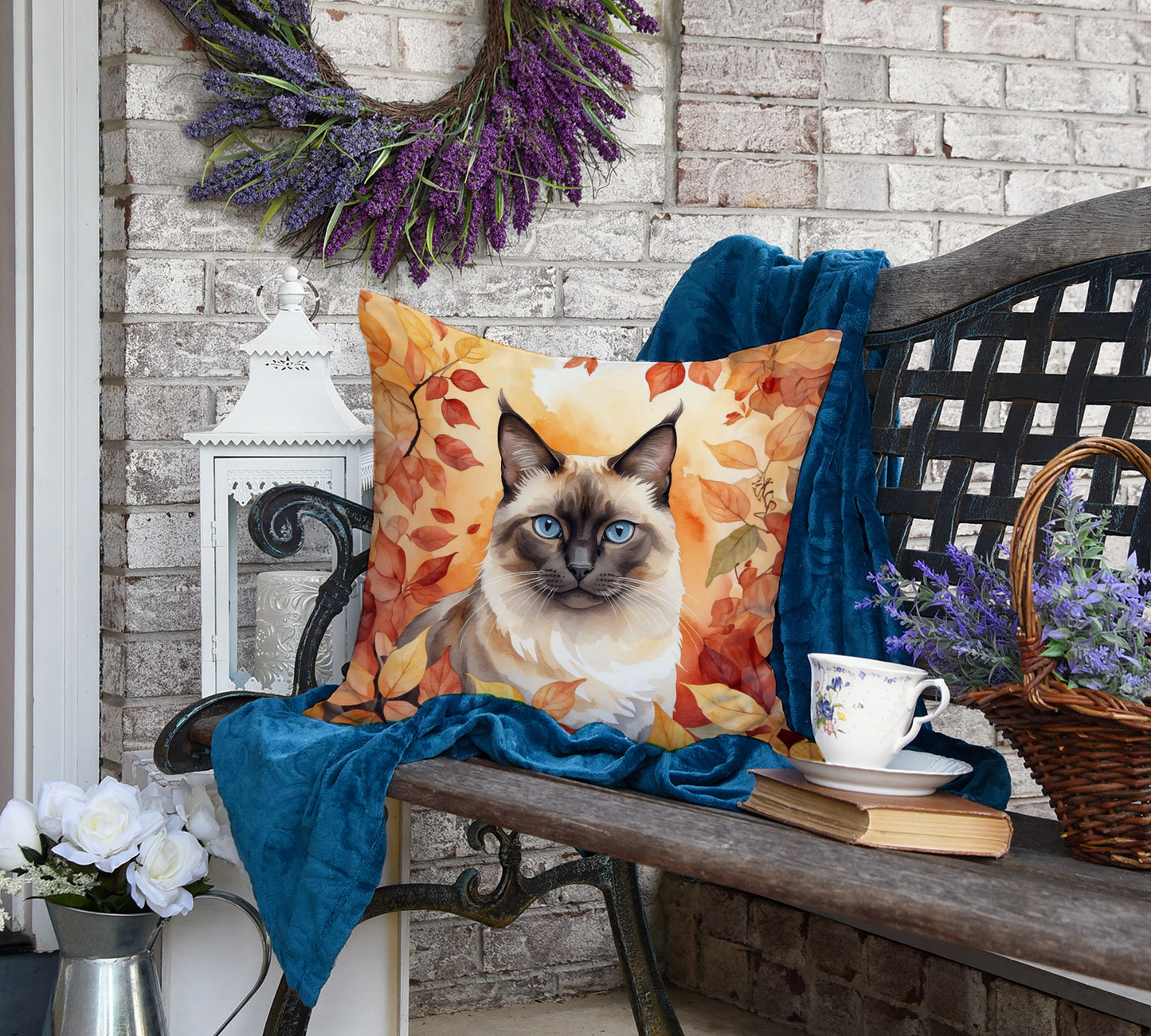 Birman Cat in Fall Leaves Throw Pillow