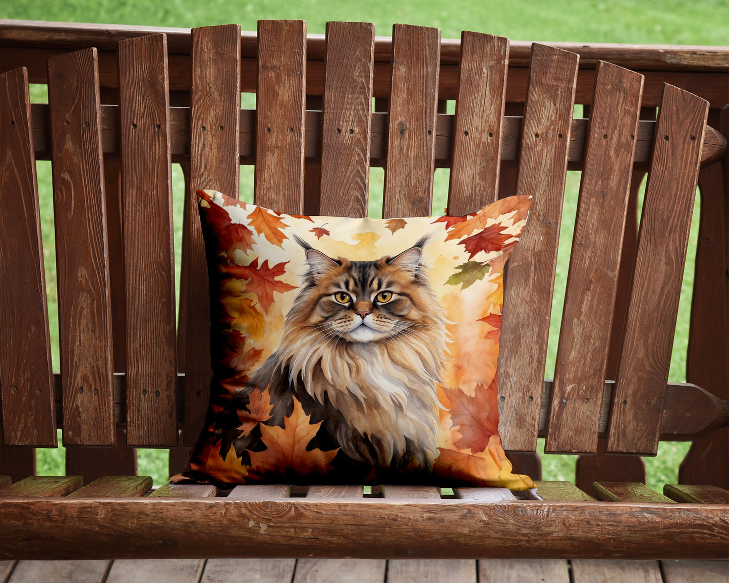 British Longhair Cat in Fall Leaves Throw Pillow