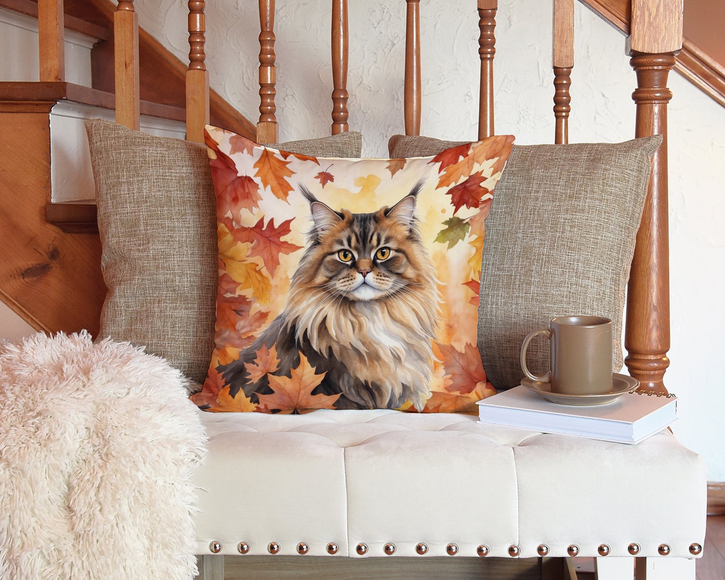 British Longhair Cat in Fall Leaves Throw Pillow