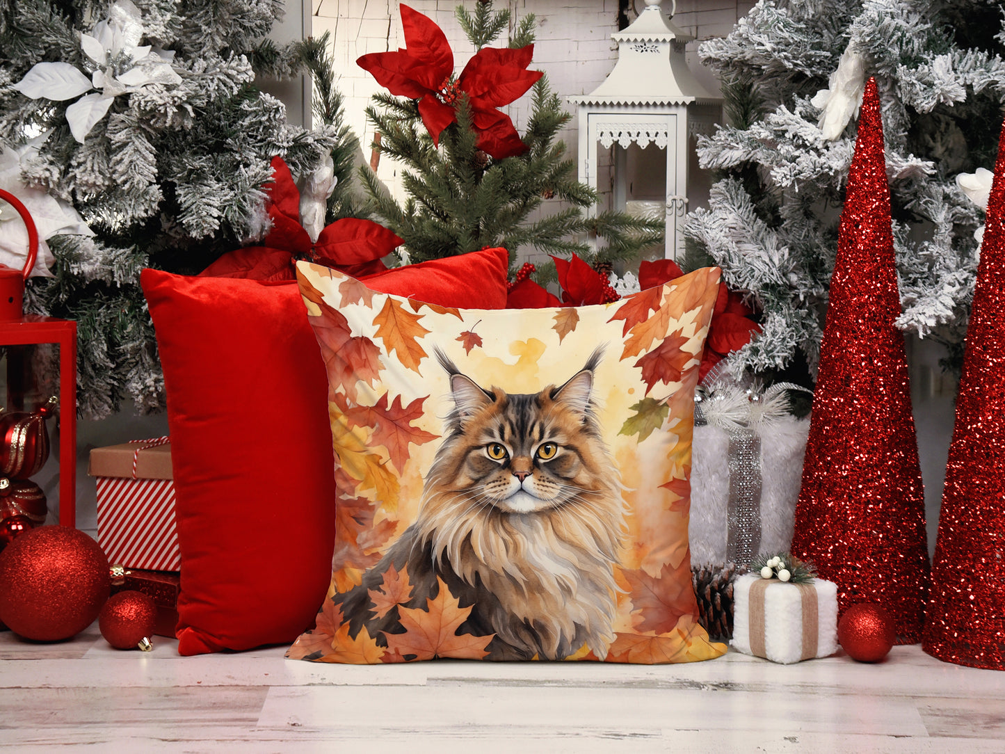 British Longhair Cat in Fall Leaves Throw Pillow