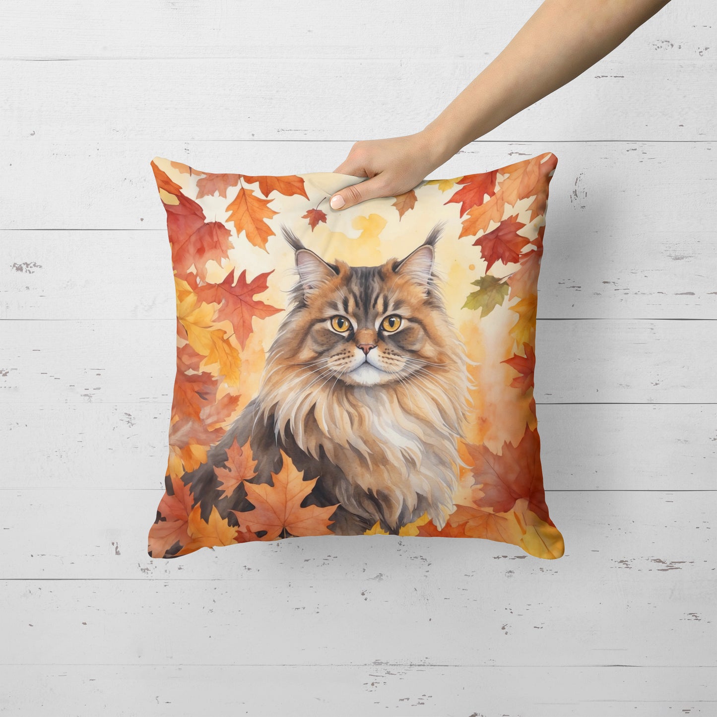 British Longhair Cat in Fall Leaves Throw Pillow