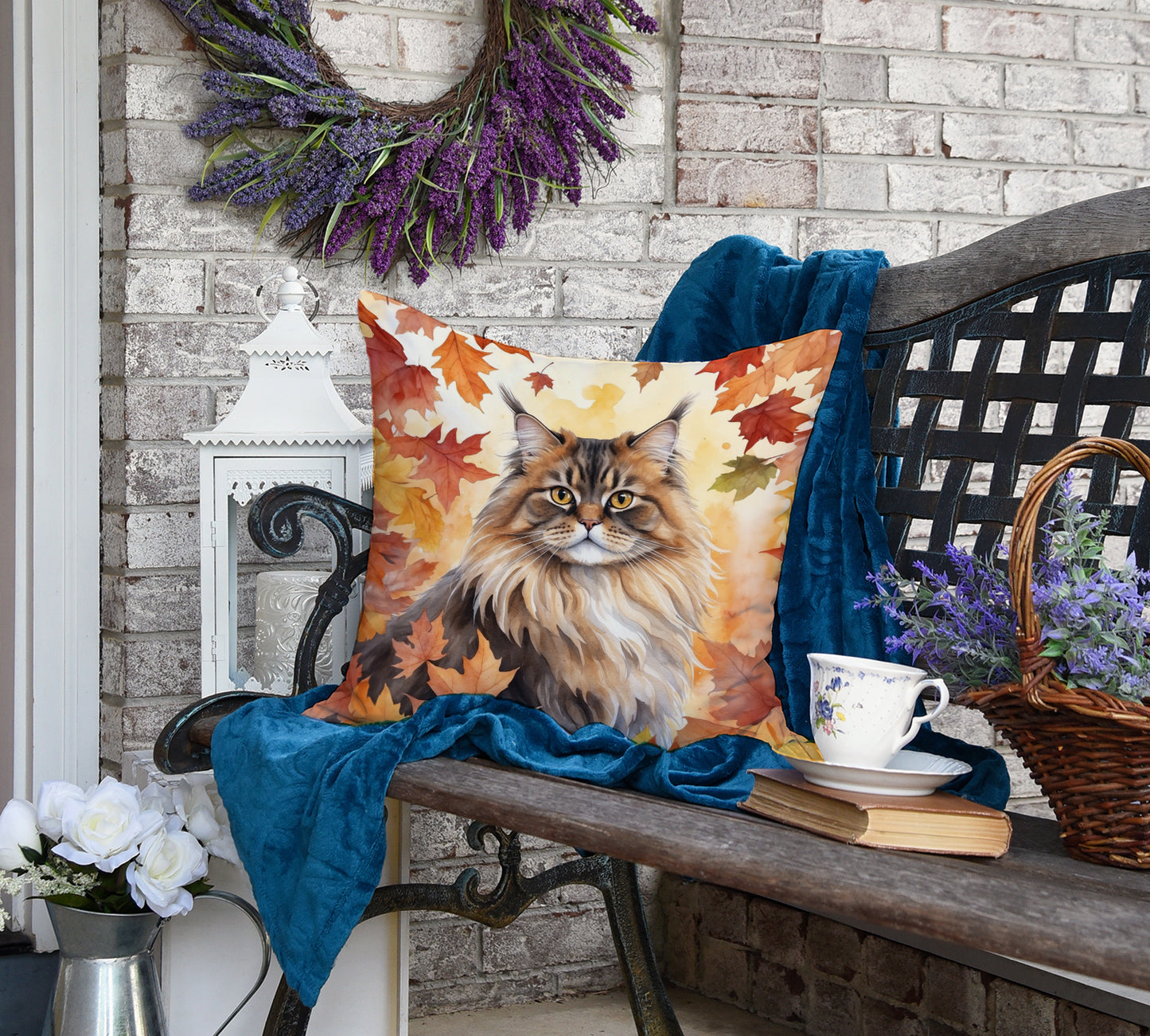 British Longhair Cat in Fall Leaves Throw Pillow