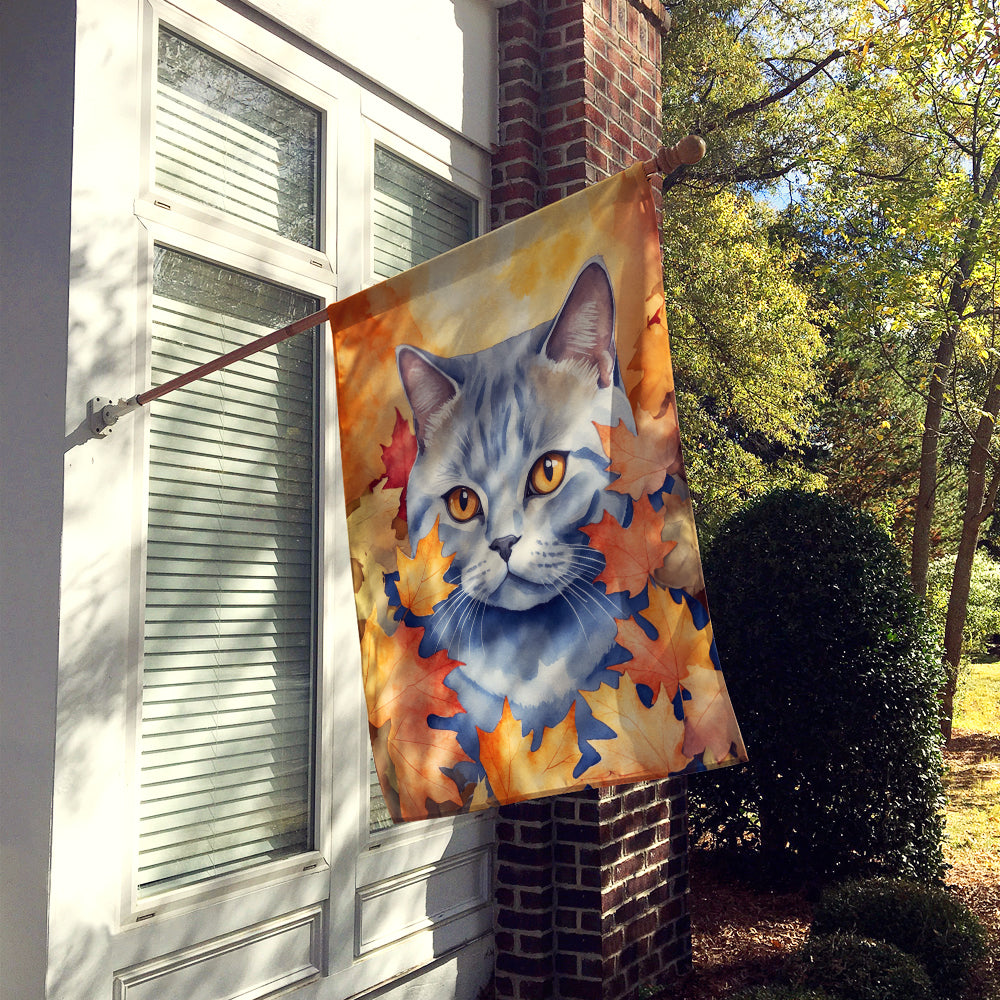 British Shorthair Cat in Fall Leaves House Flag