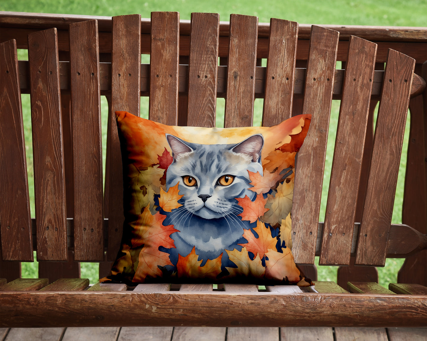 British Shorthair Cat in Fall Leaves Throw Pillow