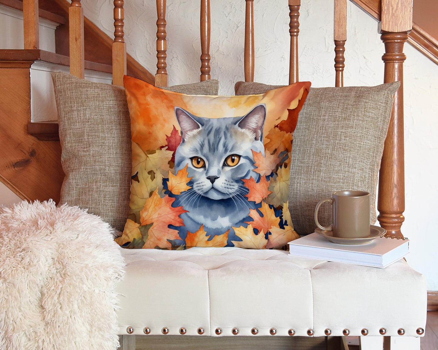 British Shorthair Cat in Fall Leaves Throw Pillow