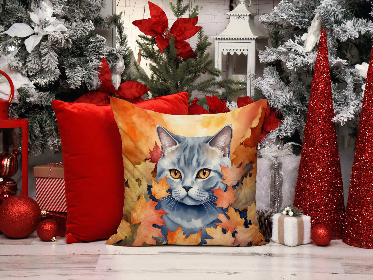 British Shorthair Cat in Fall Leaves Throw Pillow