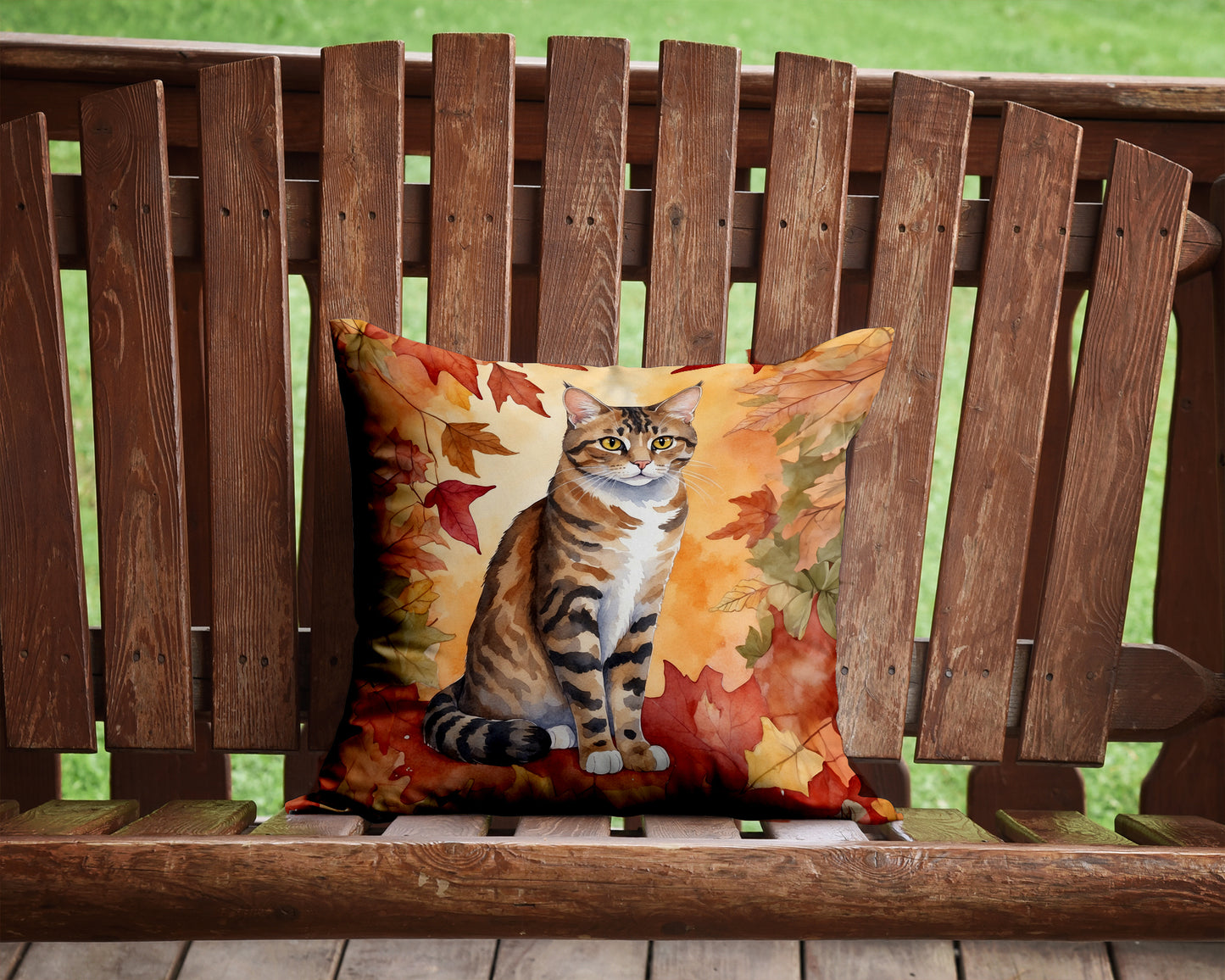 California Spangled Cat in Fall Leaves Throw Pillow