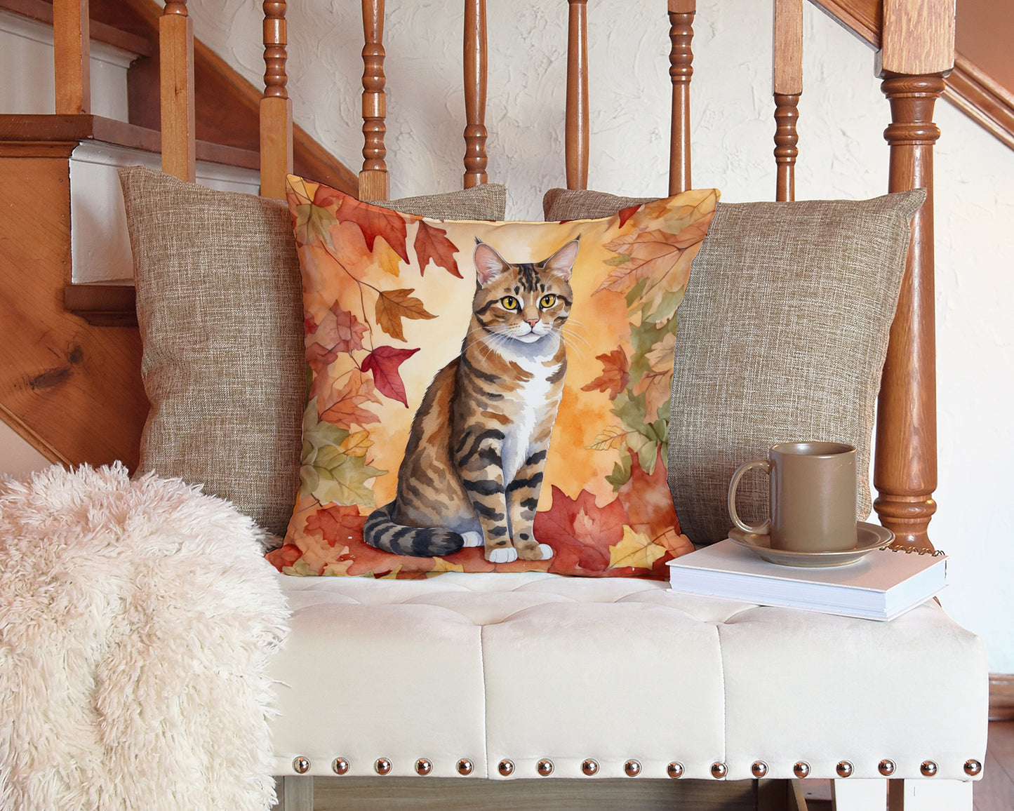 California Spangled Cat in Fall Leaves Throw Pillow