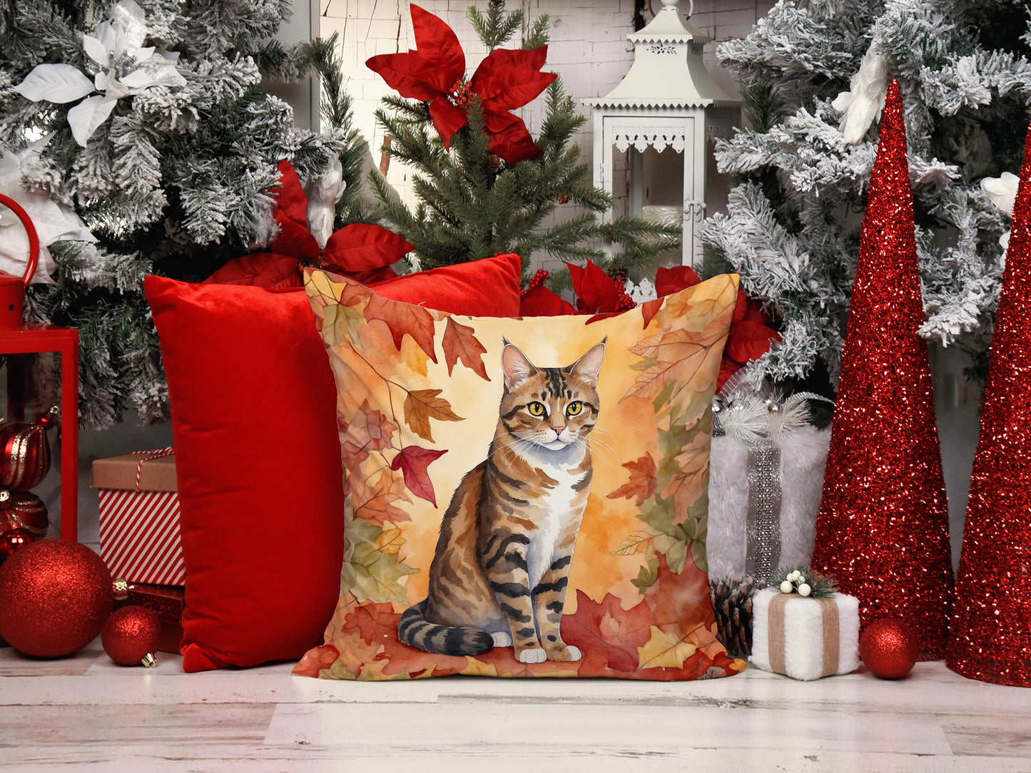 California Spangled Cat in Fall Leaves Throw Pillow