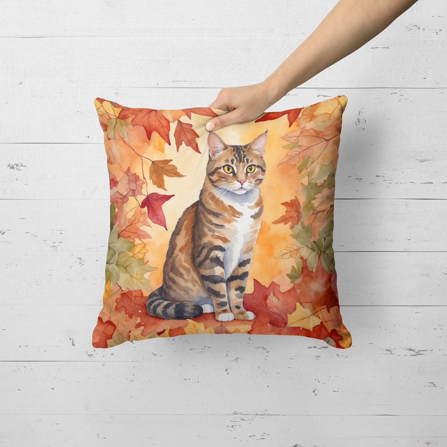 California Spangled Cat in Fall Leaves Throw Pillow