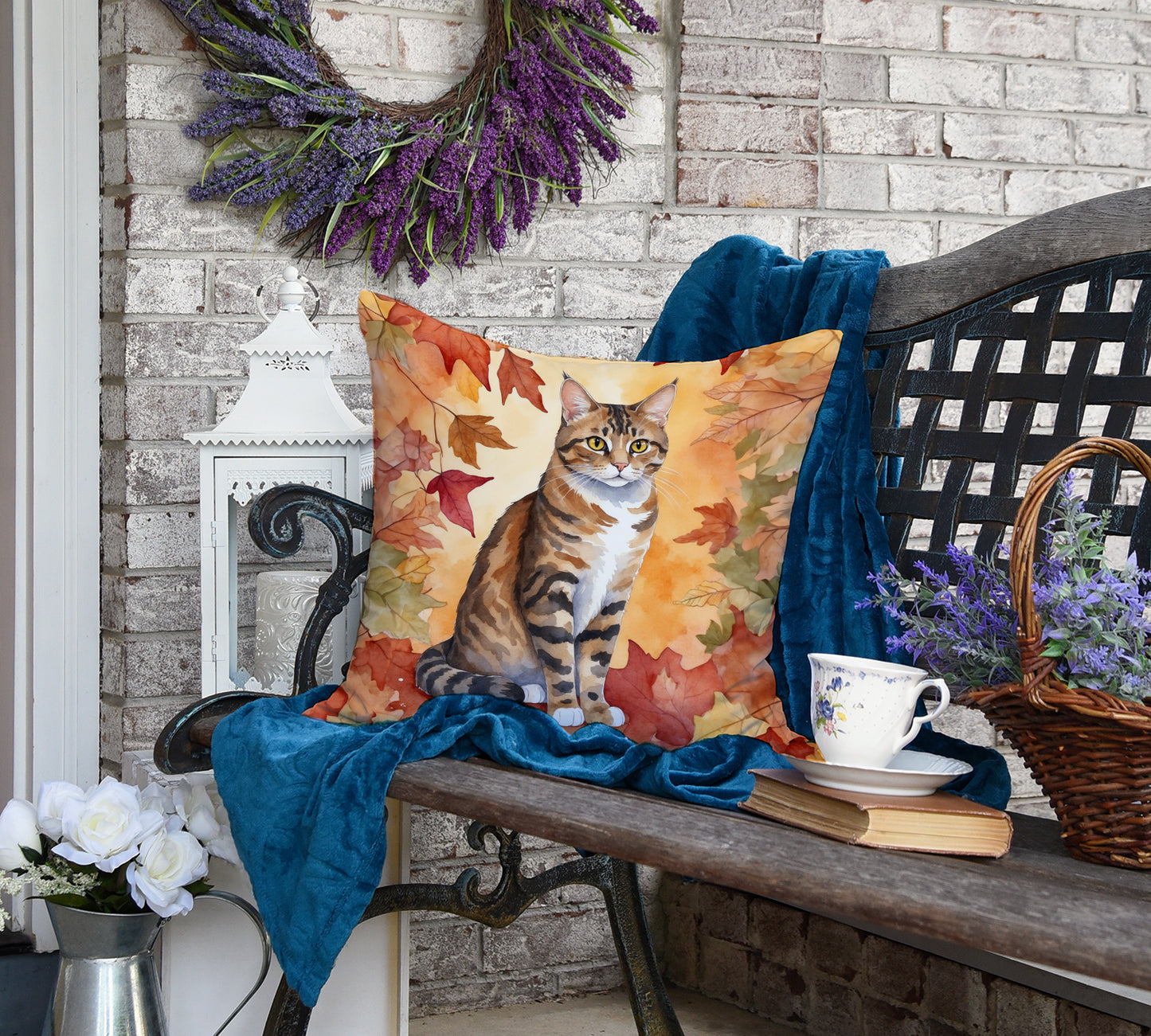 California Spangled Cat in Fall Leaves Throw Pillow