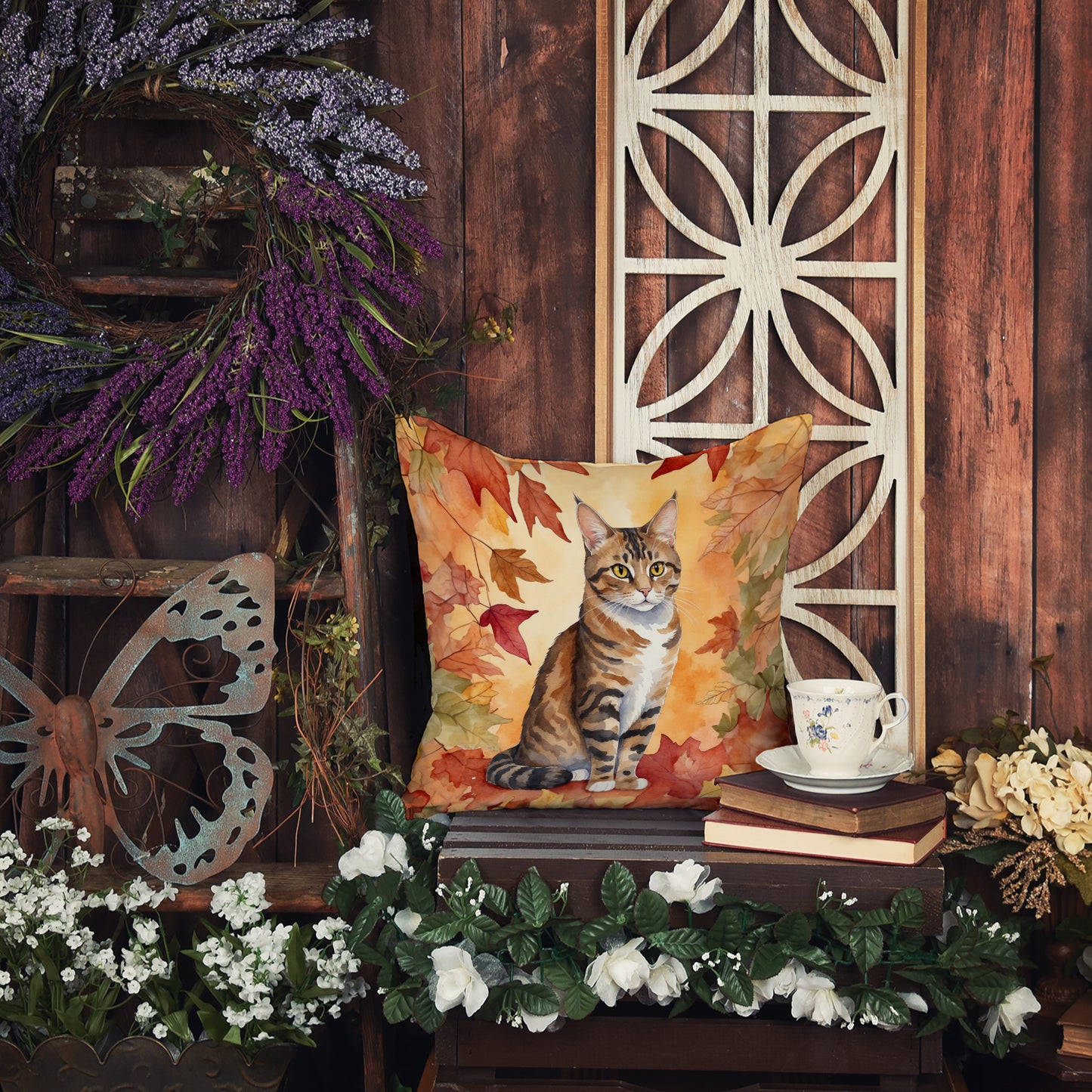 California Spangled Cat in Fall Leaves Throw Pillow