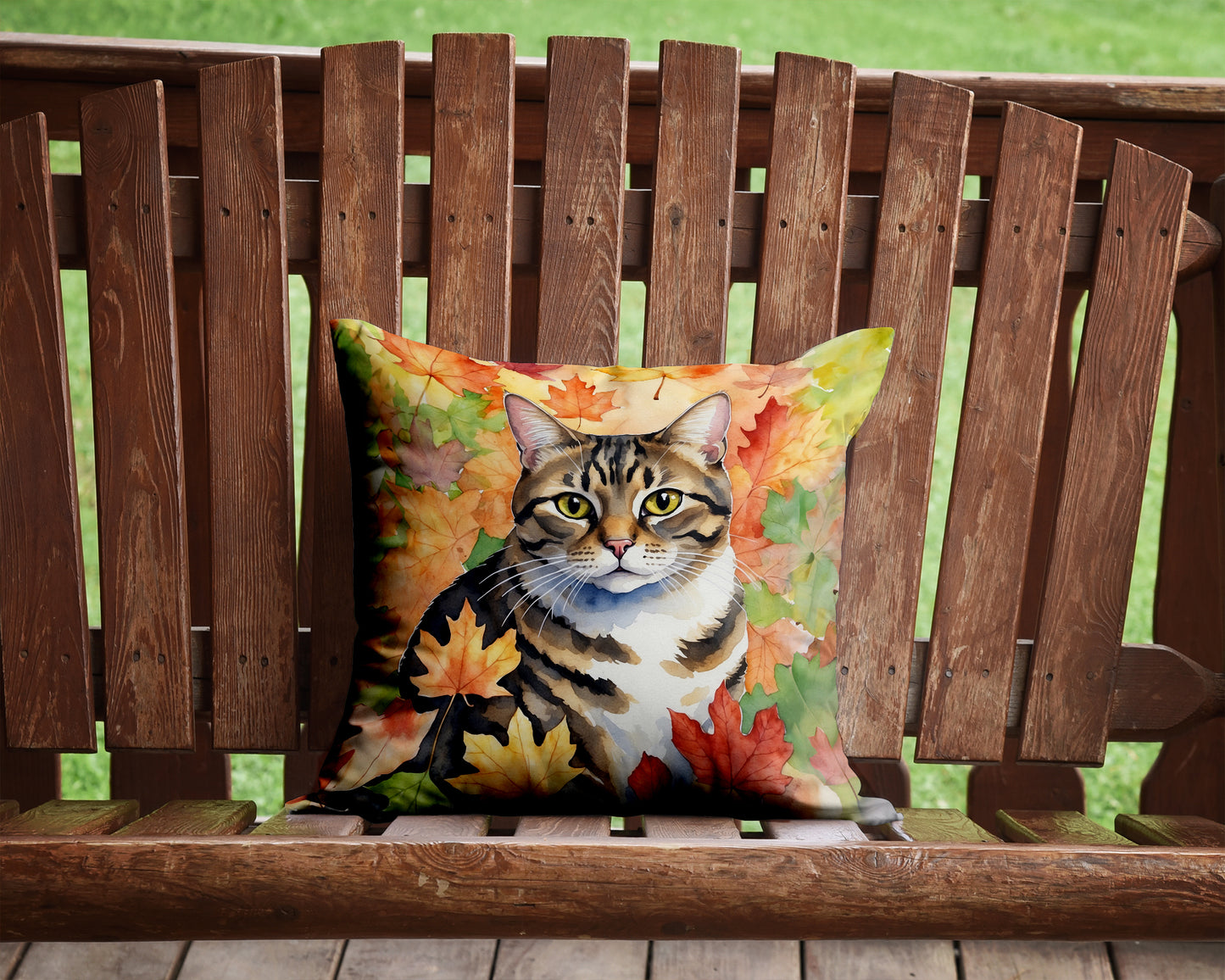 California Spangled Cat in Fall Leaves Throw Pillow