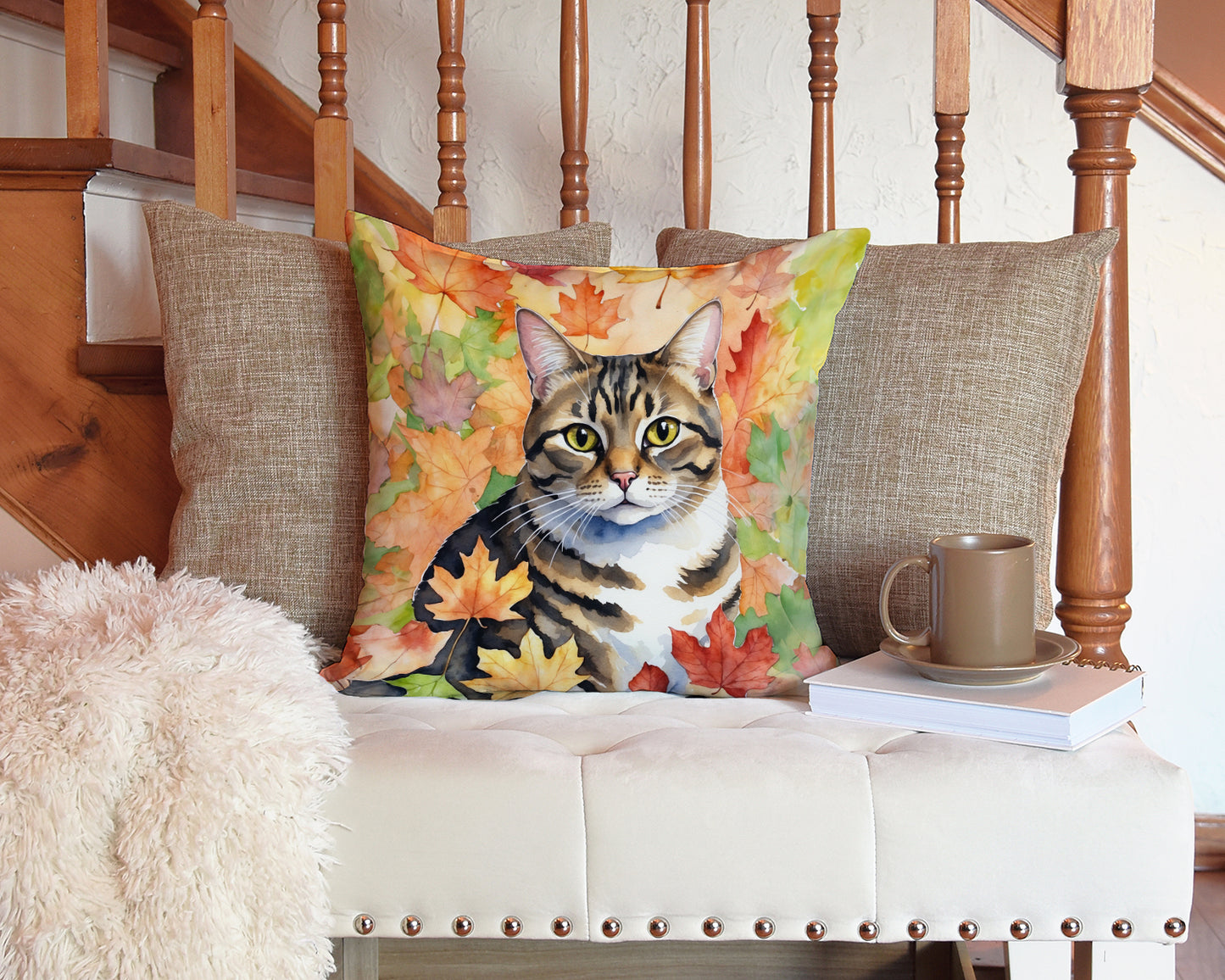 California Spangled Cat in Fall Leaves Throw Pillow