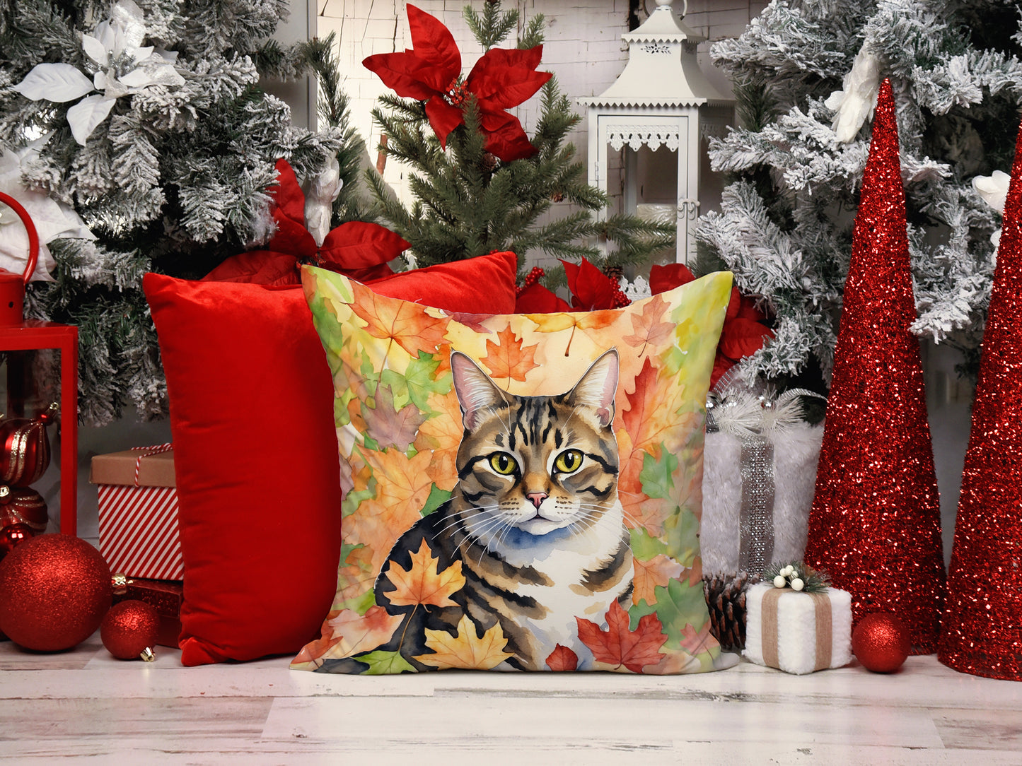 California Spangled Cat in Fall Leaves Throw Pillow