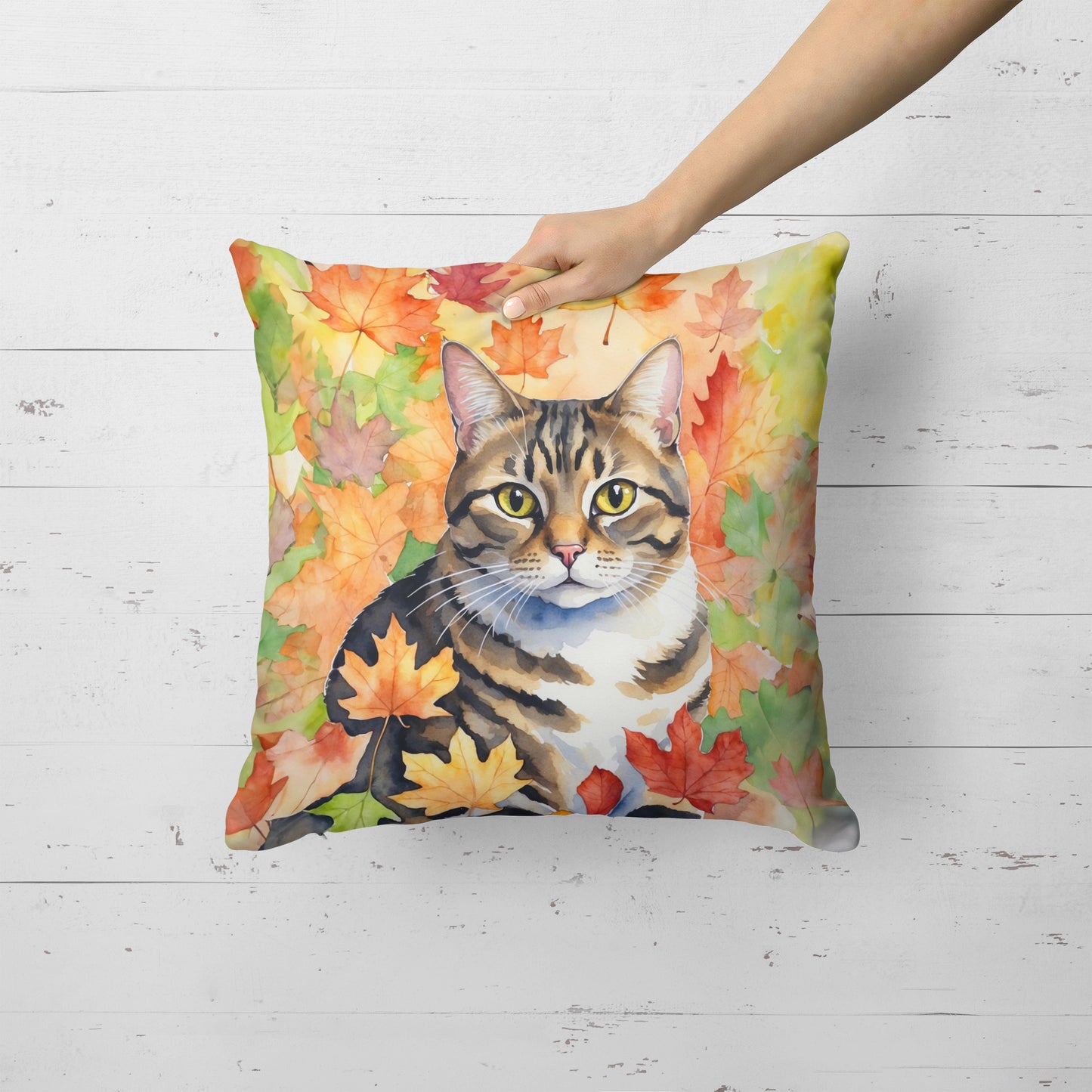 California Spangled Cat in Fall Leaves Throw Pillow