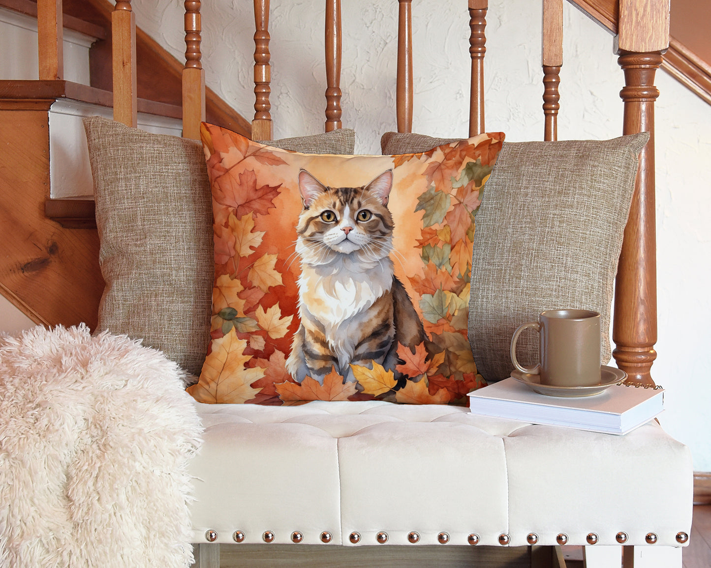 Chantilly Tiffany Cat in Fall Leaves Throw Pillow