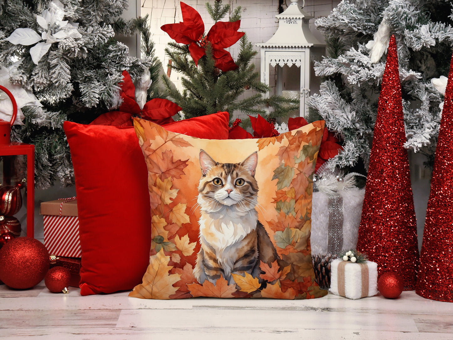 Chantilly Tiffany Cat in Fall Leaves Throw Pillow