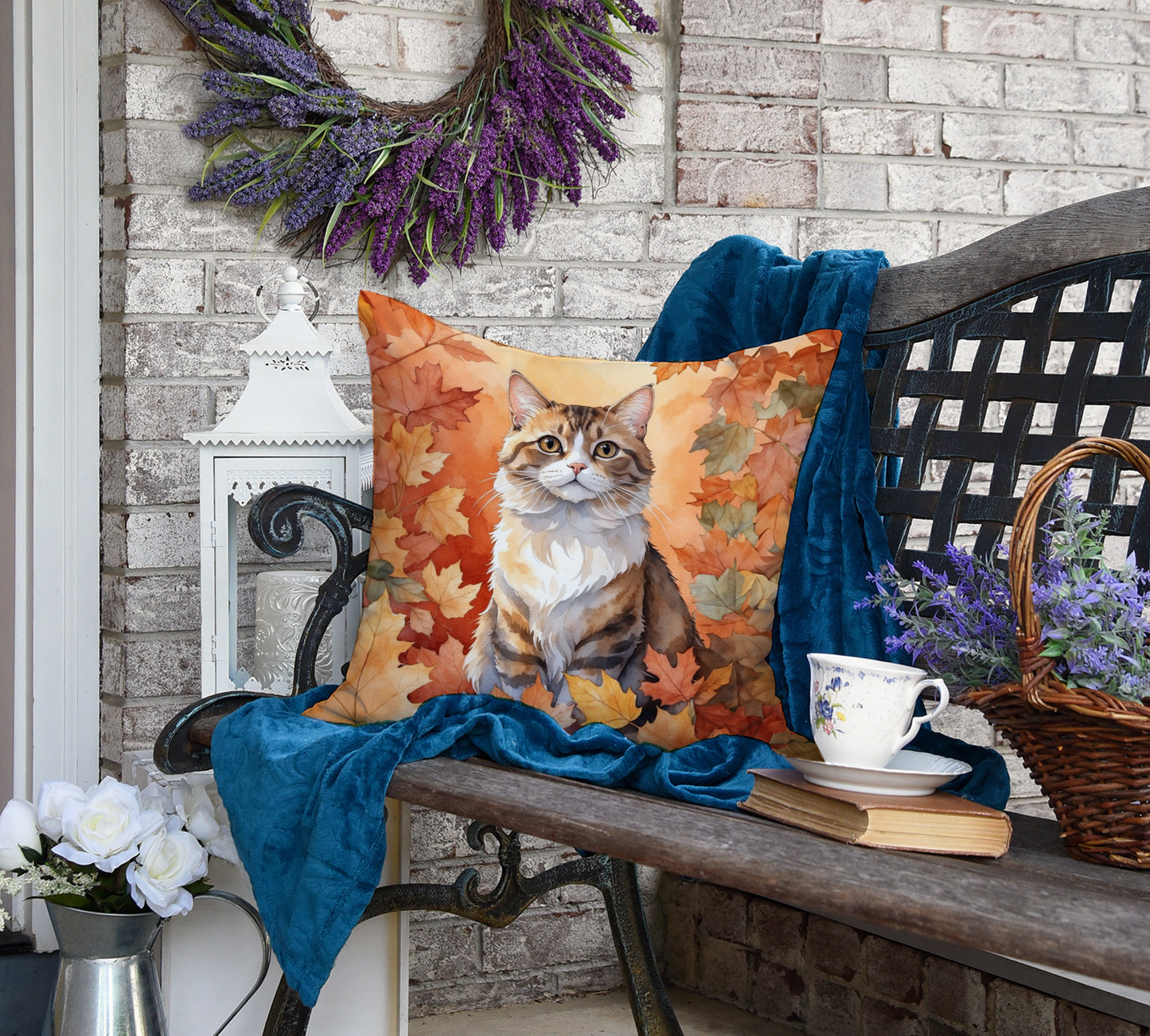 Chantilly Tiffany Cat in Fall Leaves Throw Pillow